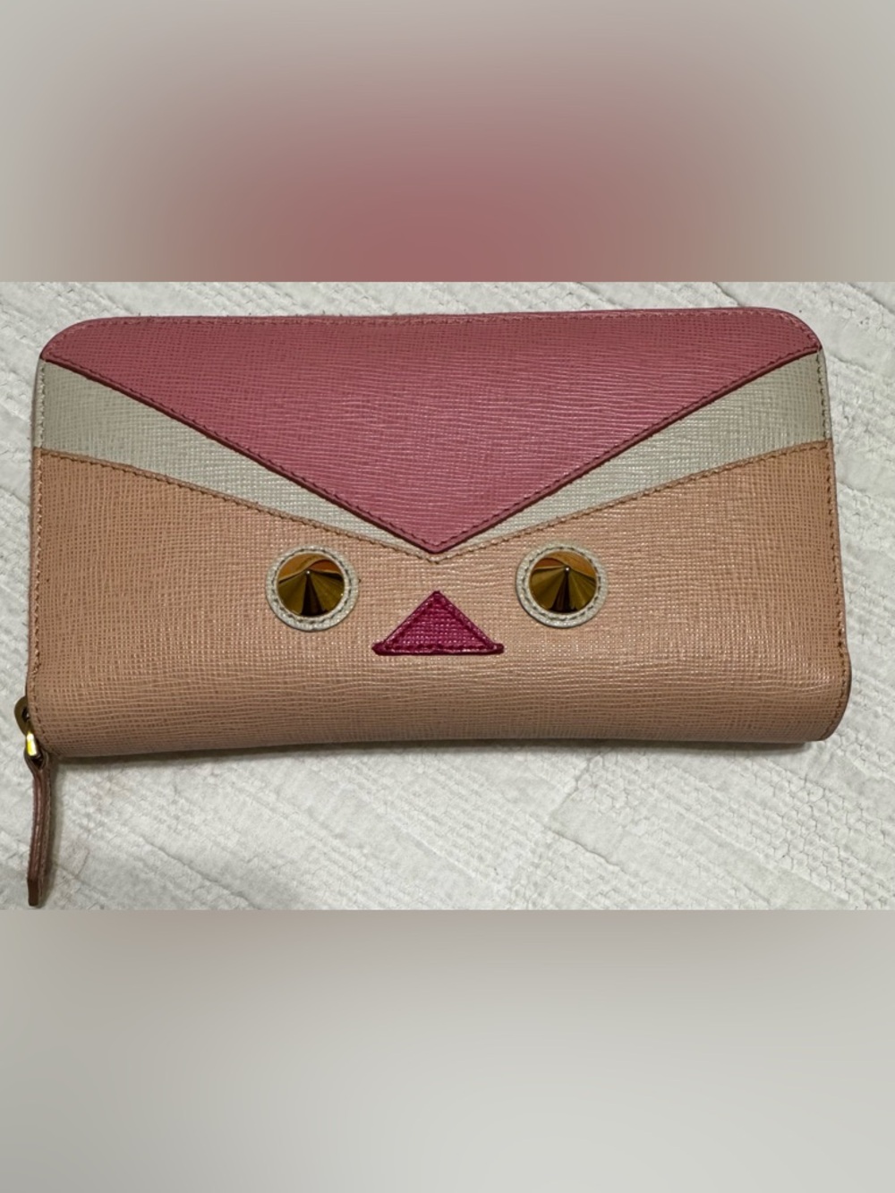 Fendi Monster Eyes Zip Around Wallet Multicolor Pink Beige Leather Auth